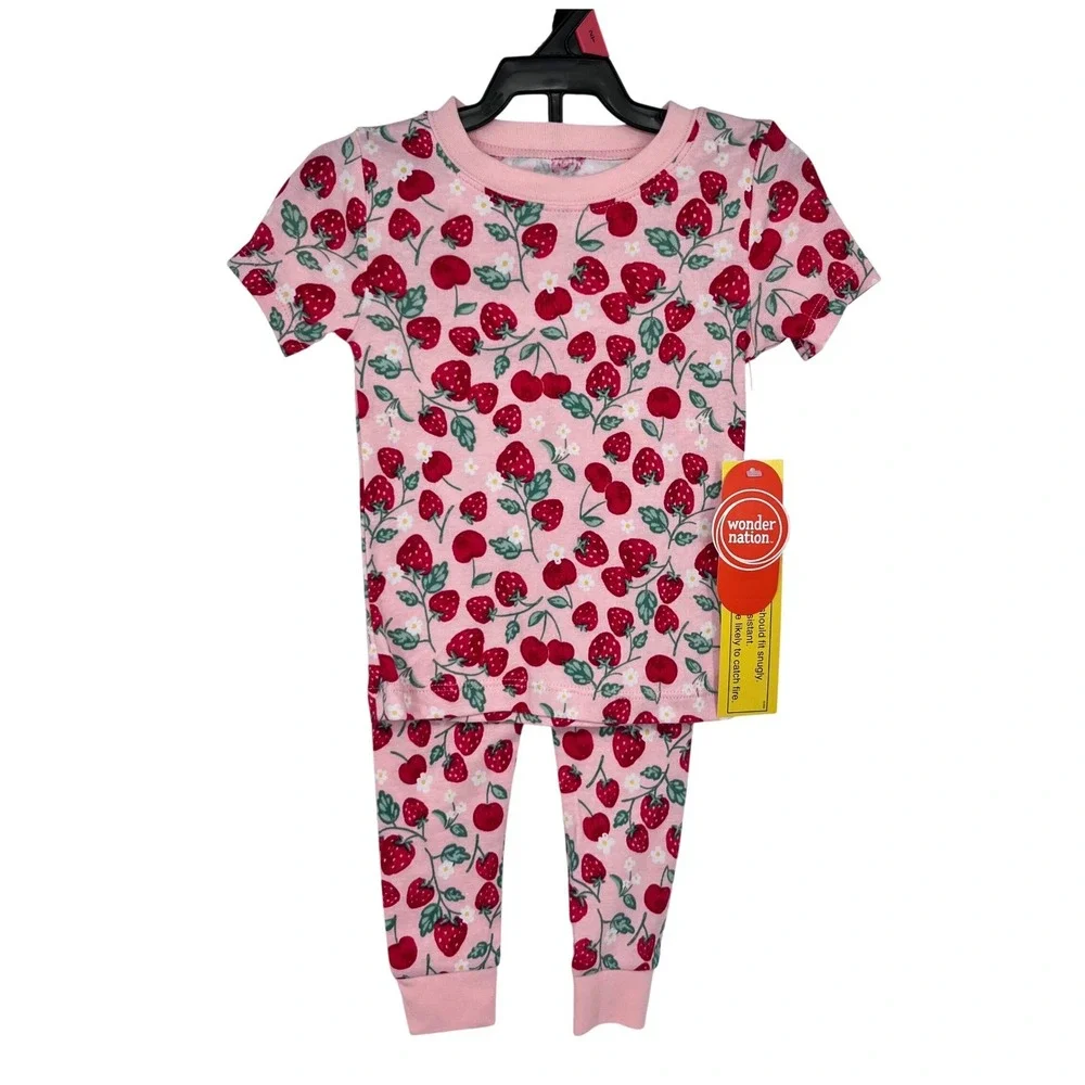 Pink Strawberry Cherry Print Pajamas Girls 2T Snug Fit 2pc Set Springtime Cute‎